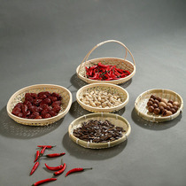 Handmade bamboo fruit basket Household portable basket round dustpan bamboo sieve Bamboo flat bamboo basket creative decoration snack storage basket