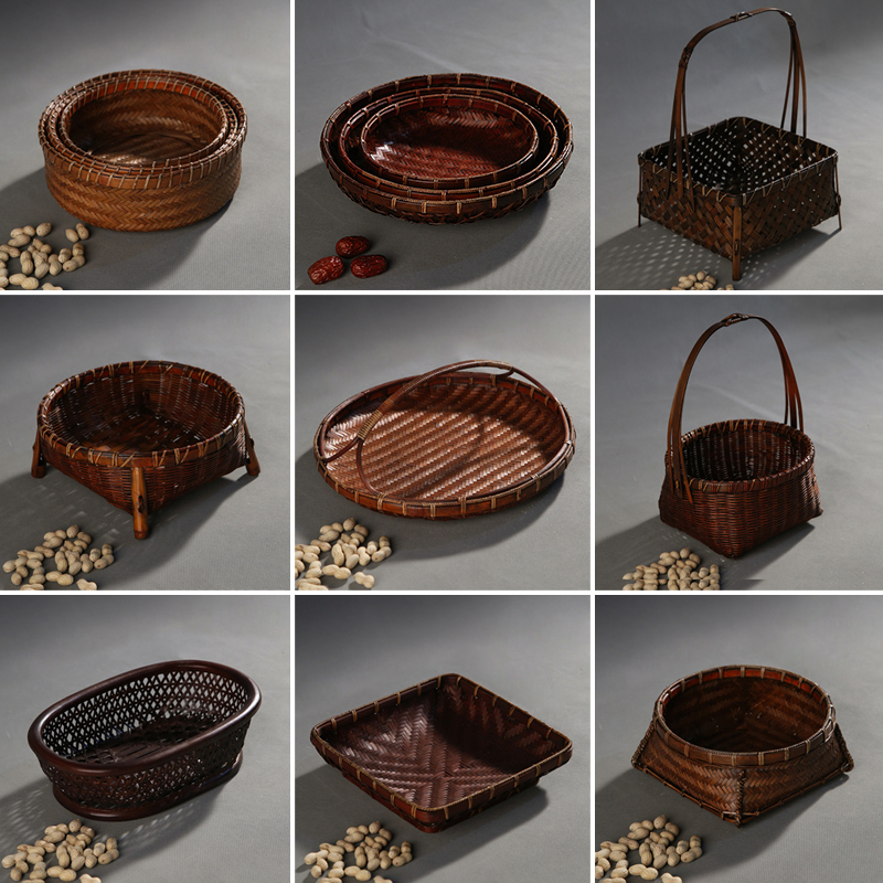Retro Bamboo Fruit Plate Snack Basket Storage Basket Dried Fruit Plate Japanese Portable Fruit Basket Creative Household Snack Basket