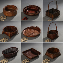 Retro bamboo woven fruit basket heart basket storage basket dried fruit plate Japanese portable fruit basket creative household snack basket
