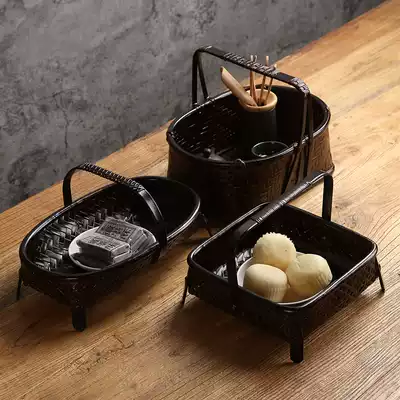 Handmade bamboo woven portable basket tea set storage box snacks fruit basket rattan basket retro basket Japanese snack basket