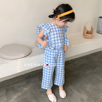 Korean Boy Clothing 2021 Summer Dress New Girl Suit Children Foreign Air Pants Plaid Shirt Broadlegged Pants Two Sets