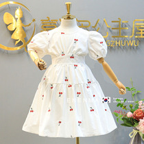 Korean Boy Dress 2022 Summer New Girl Cherry Embroidery Tandem Dress Child Foreign Air Dew Back Lace Princess Dress