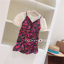 South Korean childrens clothing 2021 Summer-style girl lotus leaf lace side dress Children foreign air broken flower hanging band dress shirt suit