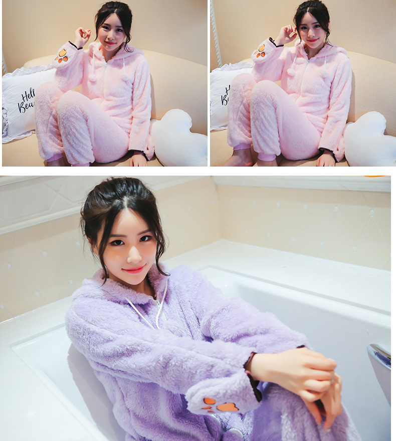 Mùa đông mới dễ thương da cừu nữ đồ ngủ đặt ấm đệm trùm đầu con chó con tay ấm hơn dịch vụ nhà pijama đôi