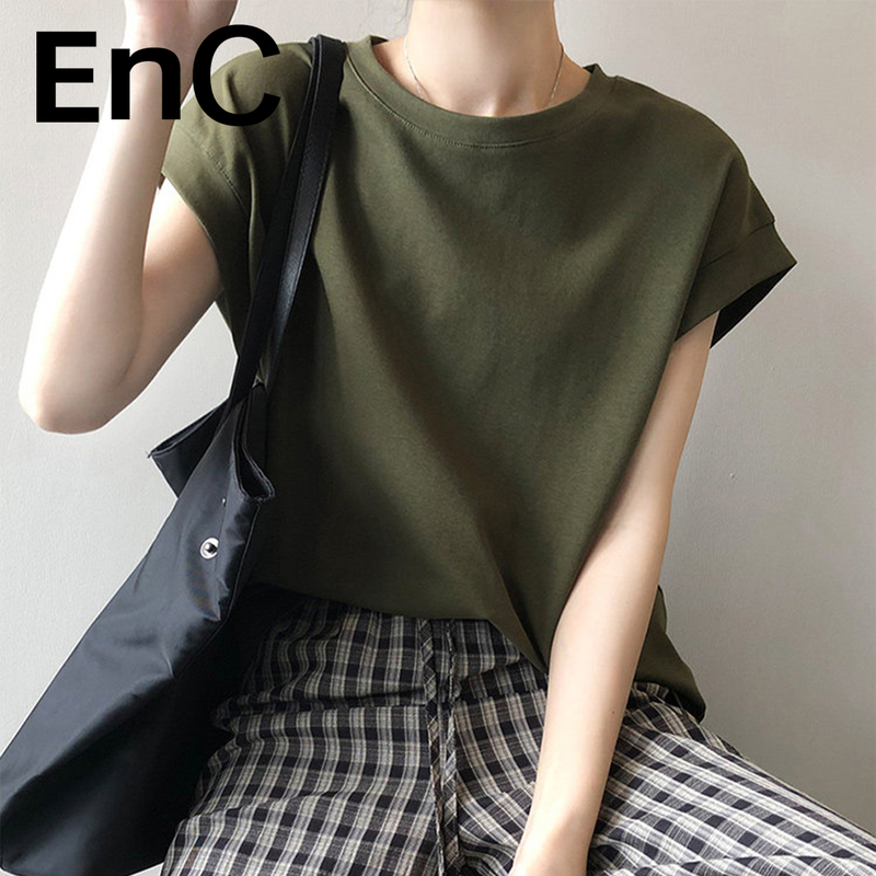 Enc Clothing Group's Pure Cotton Sleeveless T-Shirt for Women, Short-Sleeved, Summer Relaxed Style, Small Flutter Sleeve Top, Tank Top
