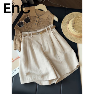 Enc Group's Tencel Linen Suit Shorts for Women, Summer Outerwear, Thin Casual Wide-Leg Five-Point Pants