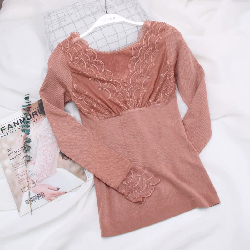 Ga châu Âu sưởi sợi cách nhiệt cơ thể mỏng đáy áo sơ mi dài tay đơn tôn ren phụ nữ quần áo mùa thu quần dài phù hợp với - Phù hợp với nóng lên