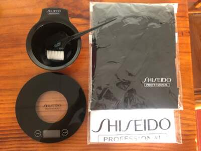 Shiseido professional hair care tools, Vina, bowl, brush, technician, coat, fabric, Puying, silk, Feiling color palette, color card