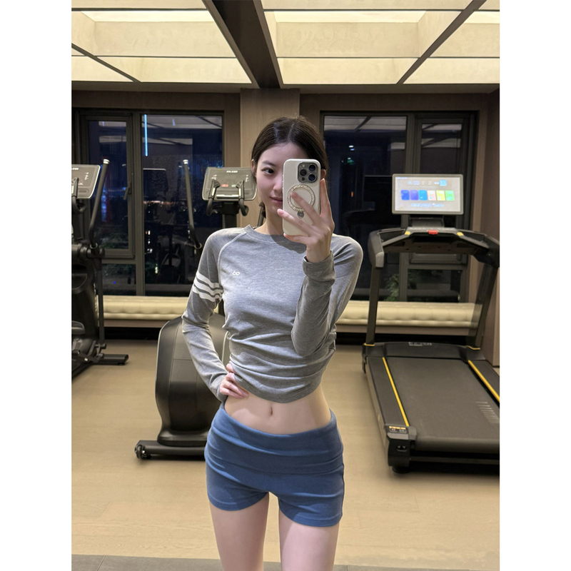 American-Style Korean Gray Color Contrast Stitching Long-Sleeve T-Shirt for Women, New Autumn Slim-Fit Base Shirt, Sports Wear Top
