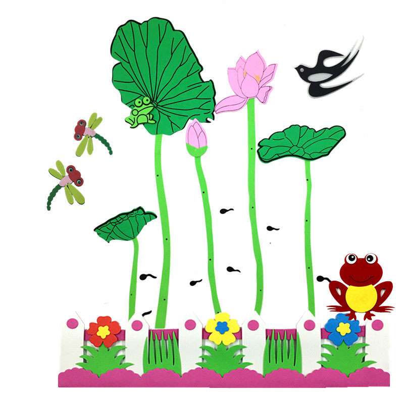 Wall Foam Decoration Three-dimensional Lotus Flower Small Grass Combination Wall Patch Kindergarten Elementary School Summer Themed Black Board Newspaper Placement-Taobao