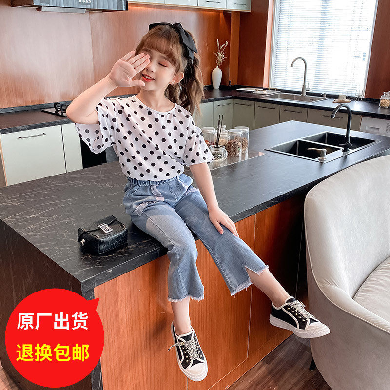 Girl Suit Summer Dress 2022 New Fashion Foreign Pie Bow Tie Lace Jeans Open 90% Trouser Suit Tide
