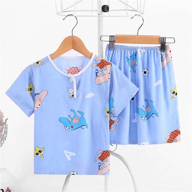 . Pajamacotton lụa của nam giới và trẻ em gái về nhà quần áo bộ ngắn tay lụa bé cậu bé điều hòa không khí quần áo trẻ em Mùa mỏng.