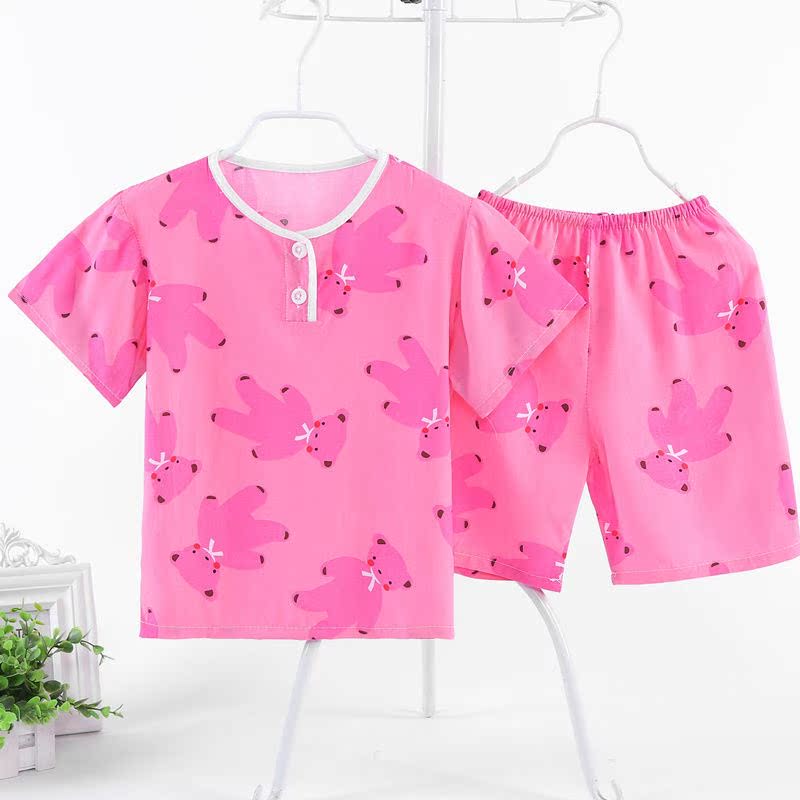 . Pajamacotton lụa của nam giới và trẻ em gái về nhà quần áo bộ ngắn tay lụa bé cậu bé điều hòa không khí quần áo trẻ em Mùa mỏng.