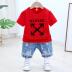 . Childrens ăn mặc trẻ em lớn vừa đặt hai mảnh boy set mùa hè ngắn tay áo thun quần denim năm điểm Hàn Quốc phiên bản của sóng 2019 mới. 