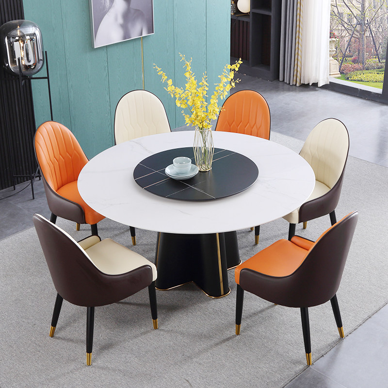 Light luxury slate bright round table and chair combination modern Nordic household small apartment round table with turntable dining round table
