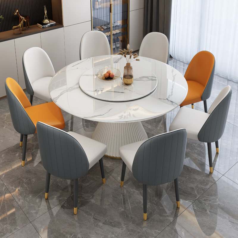 Light luxury rock slab bright light dining table and chair combination modern minimalist home small apartment round table with turntable eating round table