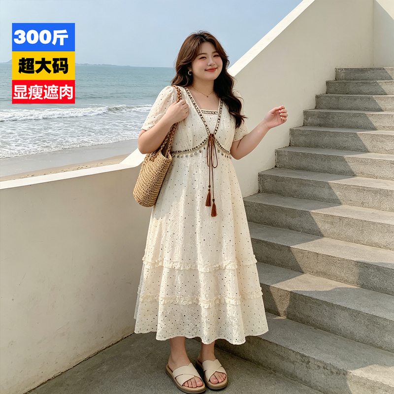 150kg Extra Large Size High-End Heavy Embroidery Dress for Plus-Size Women, Bohemian Style Slimming Vacation A-Line Long Dress