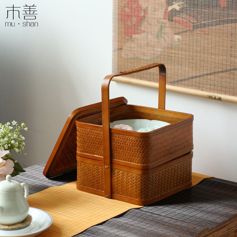 Day Style Bamboo-made Contained Basket Food Box Picnic Basket Dish Snack Bowl Mooncake Gift Box Chinese-style suitcases