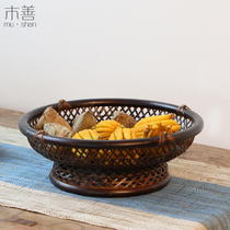 Japanese tea ceremony bamboo basket storage basket round home portable retro desktop storage fruit storage box
