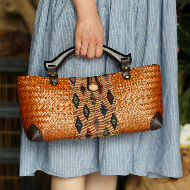 Straw basket with lining Shoulder handbag Retro ethnic style Simple and casual women's bag temperament all-match