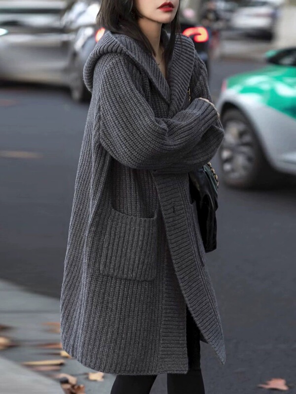 Heavyweight Thickened 100% Pure Wool Hooded Cardigan for Women, Mid-Length, Loose and Casual Style Sweater, Paired with Cashmere Coat