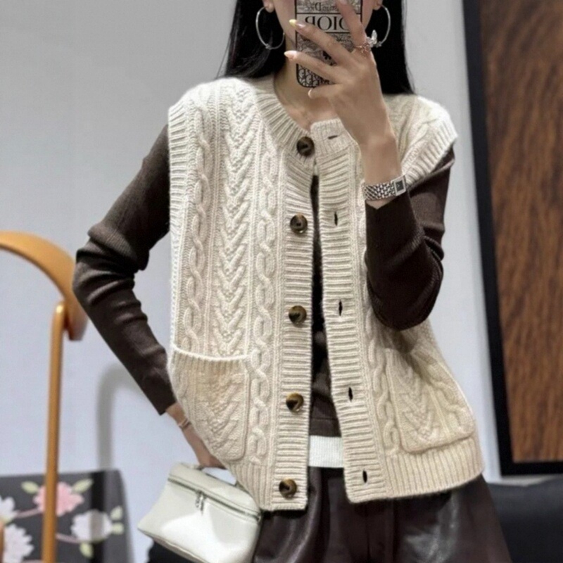 Autumn and Winter 100% Pure Wool Vest Cardigan for Women, Round Neck, Thick Knitted Sleeveless Layered Vest, Loose Sweater Vest
