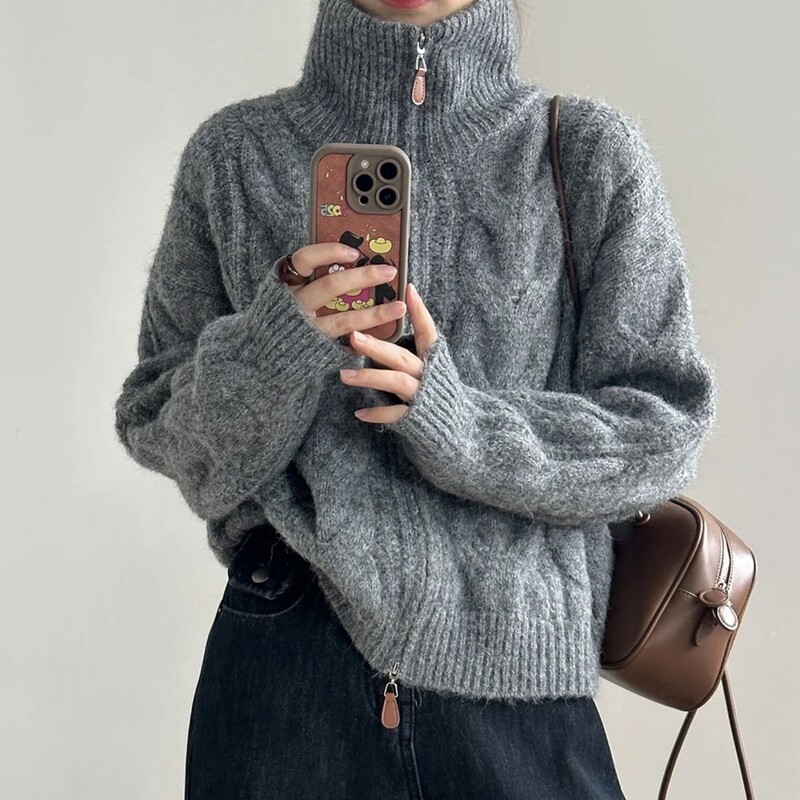 Autumn and Winter 100% Pure Wool Zipper Cardigan for Women, High Collar, Thickened Cable Knit Sweater, Loose and Lazy Cashmere Coat