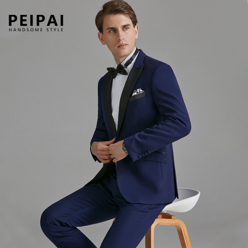 Pei Pai blue tuxedo dress groom suit suit male wedding banquet host performance suit three-piece suit