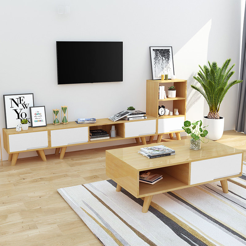 Nordic coffee table TV cabinet combination modern simple light luxury living room small type bedroom oak solid wood floor cabinet set