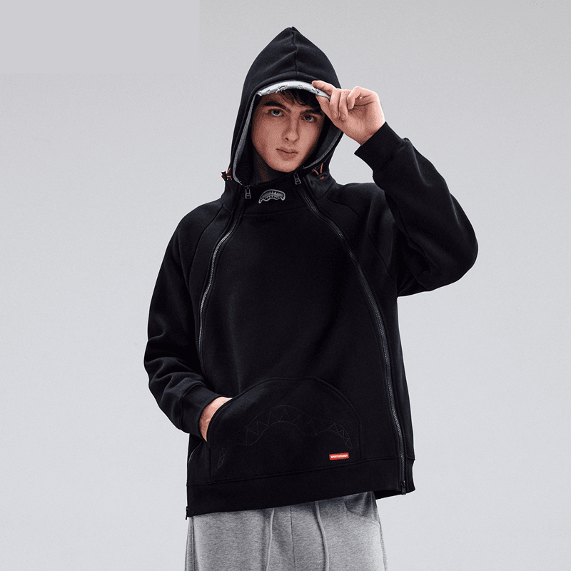 Shark Mouth Space Collar Double Zipper Hooded Sweatshirt for Men, Autumn American Style Trendy Pullover Hoodie, Couple's Sports Top