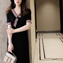 MALCENL charming elegant double V-neck eye-catching contrast buckle small straight tube with silk knitted dress black female