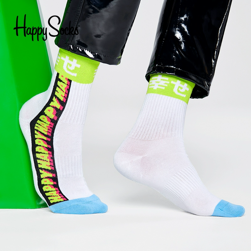 HappySocks Thủy triều Thụy Điển thương hiệu chữ bóng rổ màu sắc nam thể thao trong ống vớ trong thủy triều nữ vớ bông mùa thu và mùa đông - Vớ thể thao
