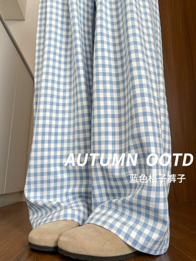 Blue Plaid Pants for Women, Autumn and Winter 2025 New High-Waisted Casual Pants, Slimming, Fleece-Lined, Petite Straight-Leg Wide-Leg Pants