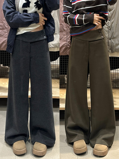 Retro dark gray woolen wide-leg pants for women in autumn and winter, low-waisted, lazy, slim, casual floor-length buttoned suit pants
