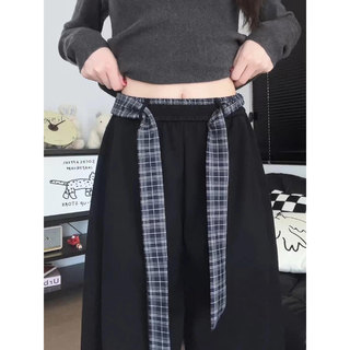 Spliced Scimitar-Cut Wide-Leg Pants for Women, Autumn 2025 New Style, High-Waisted, Loose Design, Silk Scarf Belt, Casual Floor-Length Pants