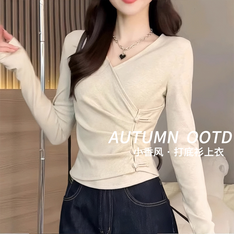 New Chinese-Style V-Neck Base Shirt for Women, Suitable for Early Spring and Autumn 2026, High-End Long-Sleeve T-Shirt Top