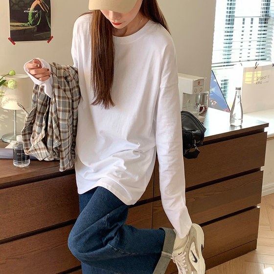 Clearance pick-up ~ white long-sleeved T-shirt women's 2022 autumn and winter new student Korean version loose solid color bottoming shirt top