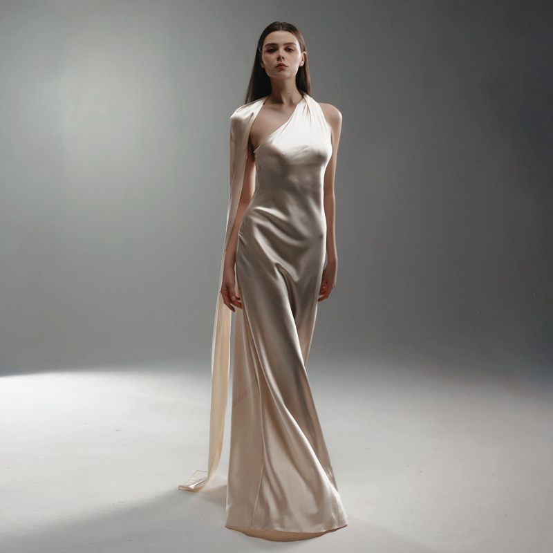 Xinyuanrenaissance Heavy Silk Ultra-Long Ribbon One-Shoulder Halter Dress Long/Short Style