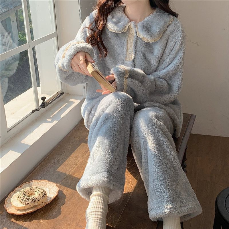 Purple Lace Doll Collar 2026 Ins Internet Celebrity Style Coral Fleece Pajamas for Women, Thickened and Fleece-Lined Loungewear Set