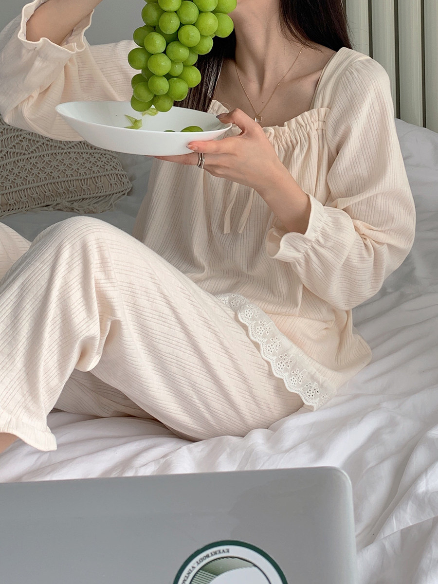 French retro ~ CHAO elegant experience sweet long sleeve gentle lace flower side home Ju suit two-piece set