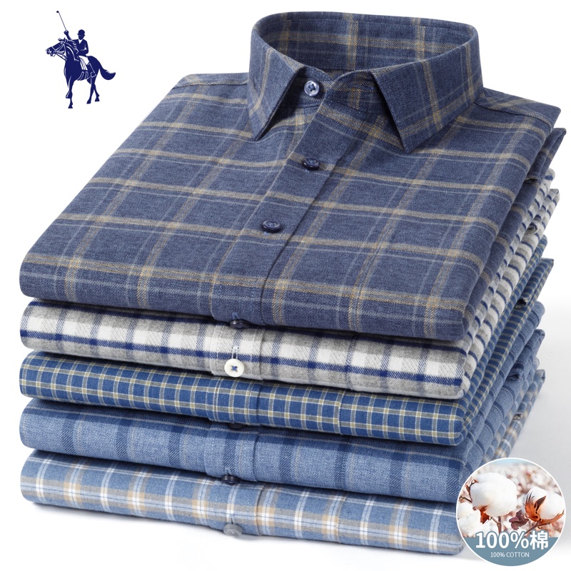 Paul 100% Pure Cotton Plaid Shirt for Men, Long-Sleeved, Middle-Aged Dad Style, Casual, Loose, Brushed, Solid Color, All-Cotton Shirt
