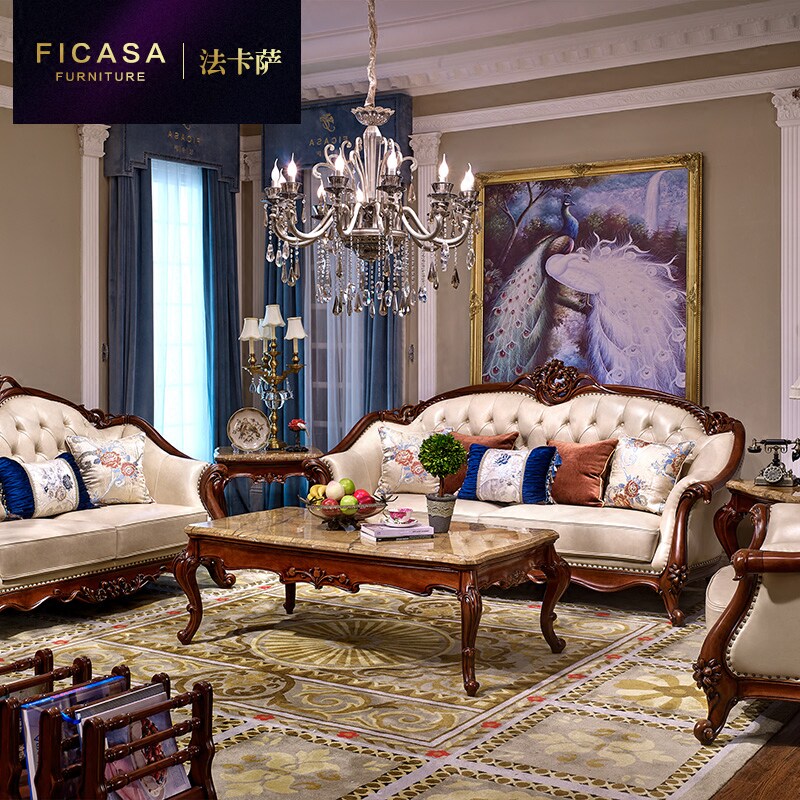 Facaca Eu Style Sofa Combination High-end Villa Living Room Solid Wood Luxury New American Genuine Leather Red Wood Flowers Pear Wood