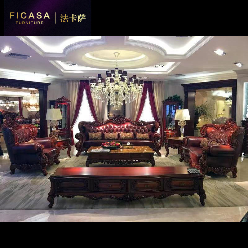 Fakasa American Real Leather Sofa Flowers Pear Wood Solid Wood Villa Living Room Home With Luxurious European-style Sofa Whole 910