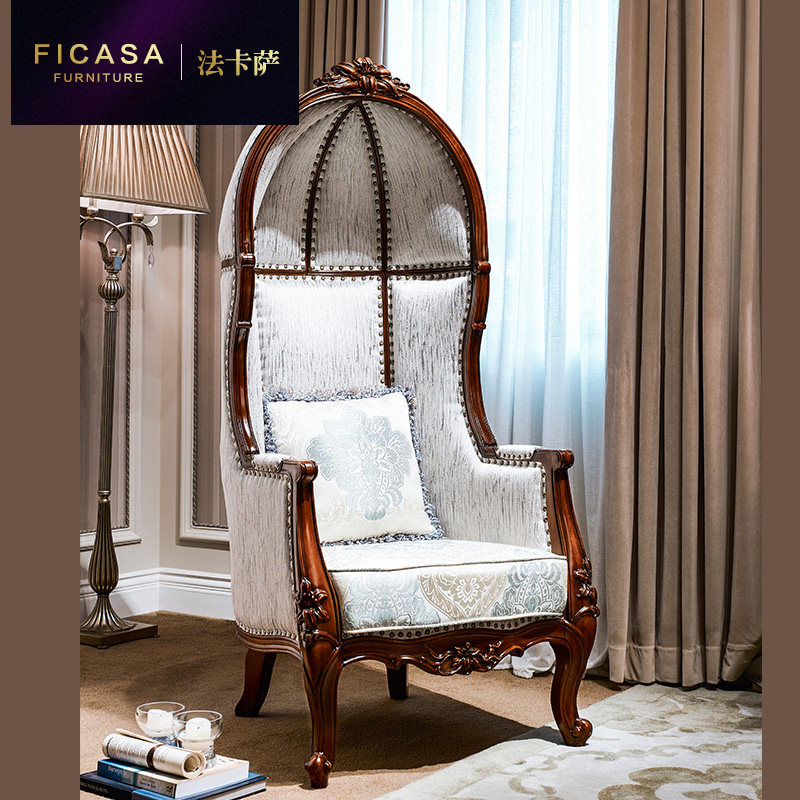 Fakasa American Full Solid Wood Queen Chair Countryside Retro Fabric Princess Chair Villa Neoclassical Sofa Chair 5019