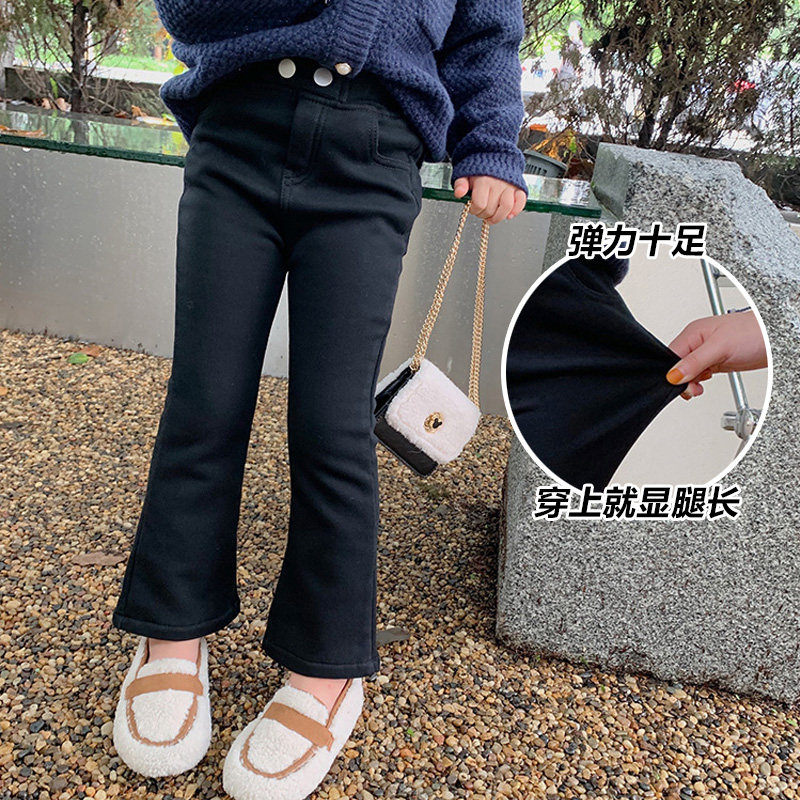 Girl Thin Pants Spring Autumn Baby Plus Suede Horn Pants Children Microhorn Pants Jeans Spring Women Bao Black Single Pants