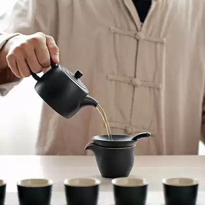 Complete set of home Japanese tea set teapot tea cup rough pottery black pottery kung fu tea set set retro tea bowl tea set Tea Sea