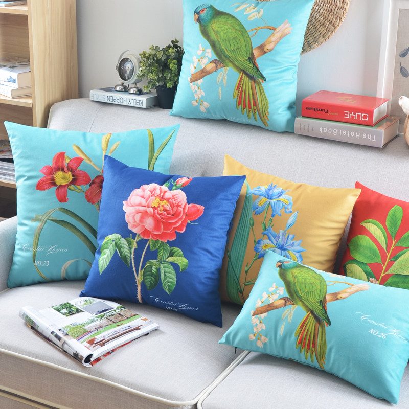 American-style hand-painted flowers and birds pastoral double-sided pillow sofa cushion soft flannel decorative pillow lumbar homestay decoration