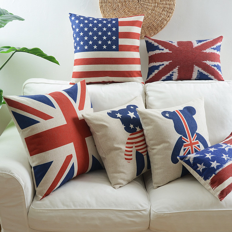 Nordic cute bear British American flag pillow thick cotton and linen cushion car backrest living room sofa pillow model room