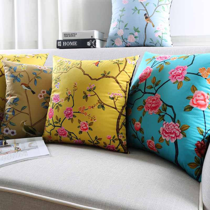 Pine Nuts Uk Neoclassical Chinese Flowers Bird Sofa Hug Pillow Soft Flannel Hand Painted Back Cushion Decoration Leaning Against the pillow waist