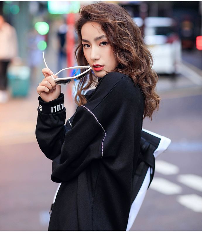 Runaway Loli thư trong dài thể thao váy nữ mùa xuân thường áo len dây kéo đứng cổ áo thun áo khoác hoodie zip